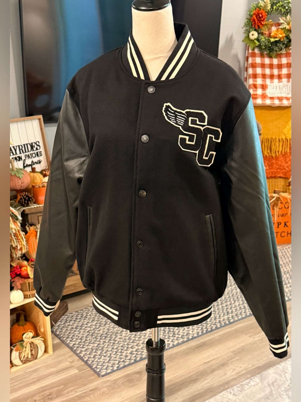 Steel City Black Varsity Jacket with Faux Leather Sleeves - Large - NWT